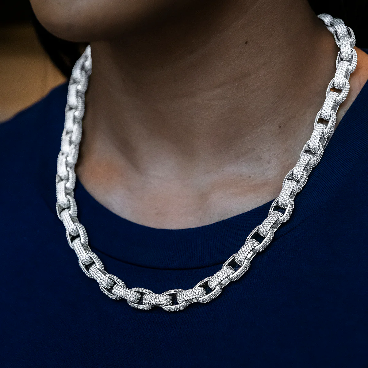 Diamond Box Link Necklace in White Gold- 9mm