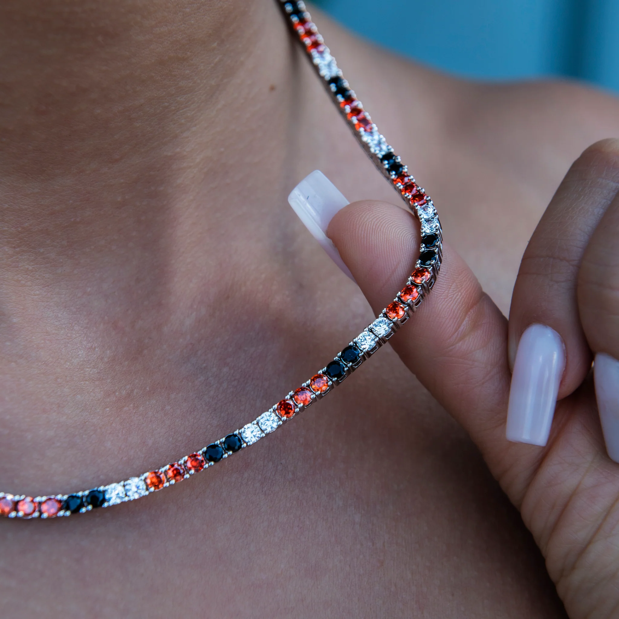 3MM Diamond Tennis Necklace - Black Orange White