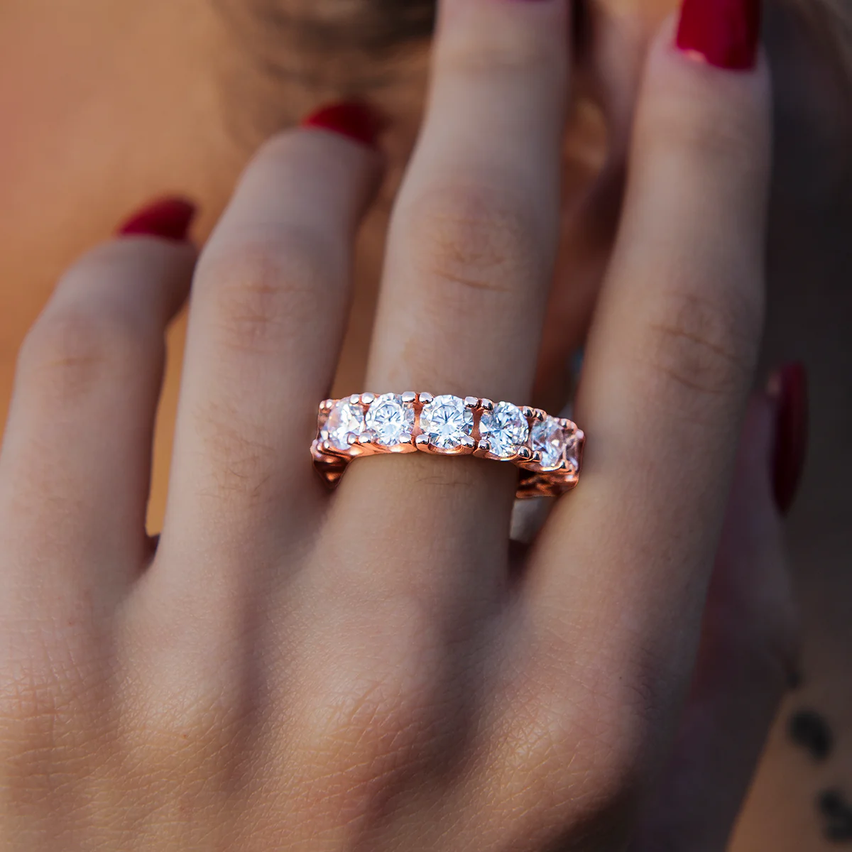 Women's Moissanite Eternity Diamond Band Ring in Rose Gold Vermeil - 5mm