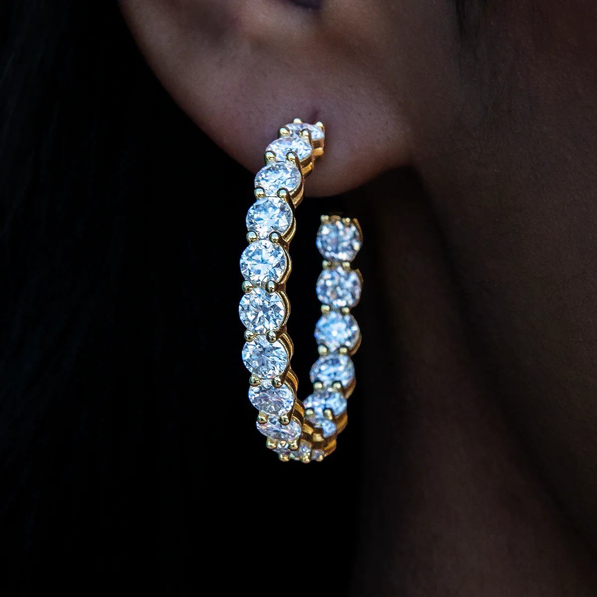 Women's 4MM Moissanite Eternity Hoop Earrings in Yellow Gold Vermeil