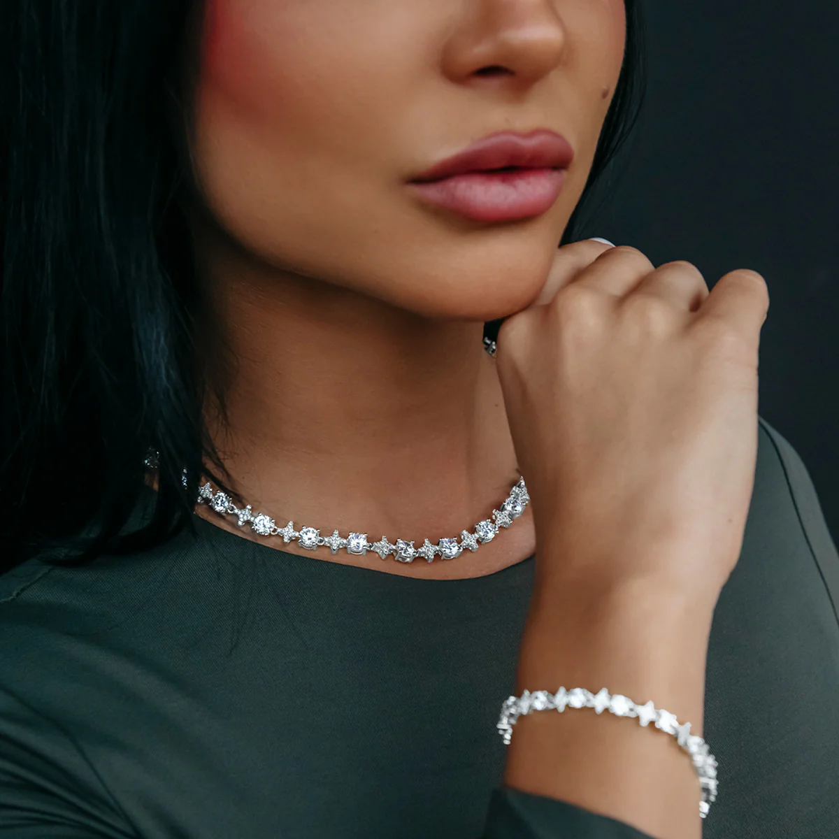 Round Stone Star Tennis Necklace + Bracelet Bundle in White Gold