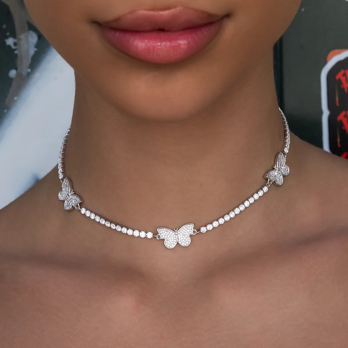 Micro Tennis Butterfly Necklace + Bracelet Bundle in White Gold