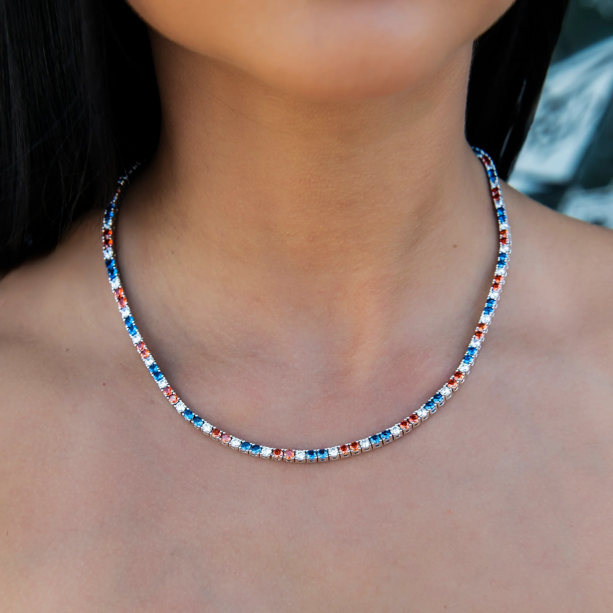 3MM Diamond Tennis Necklace - Royal Blue Orange White