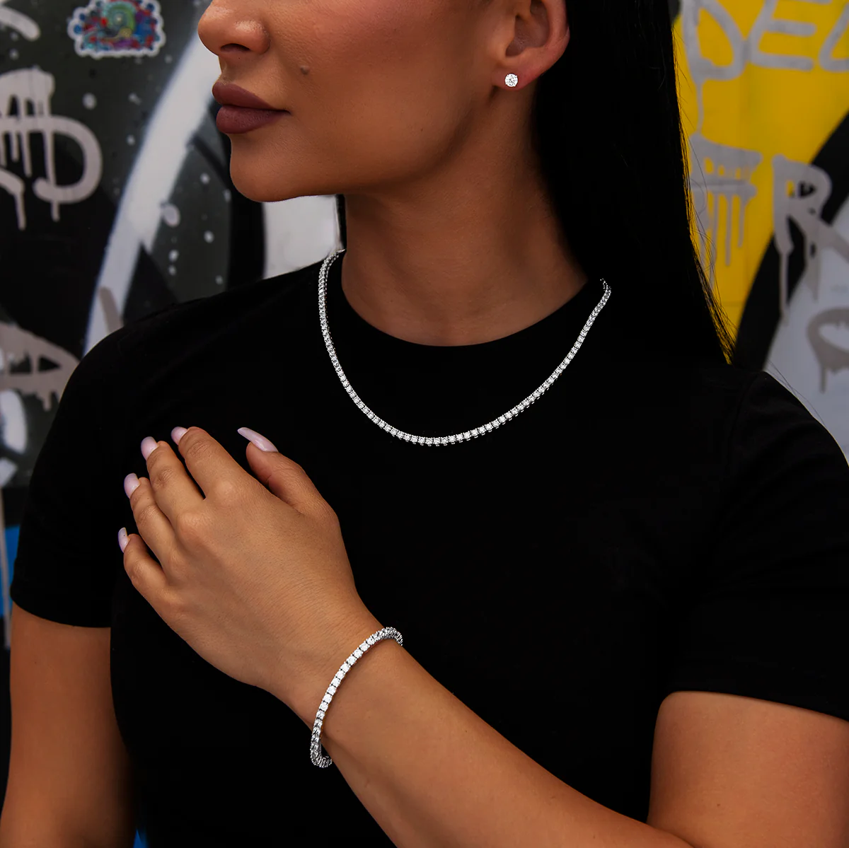 Diamond Tennis Necklace + Bracelet + 5mm Round Cut Earring Bundle in White Gold- 3mm