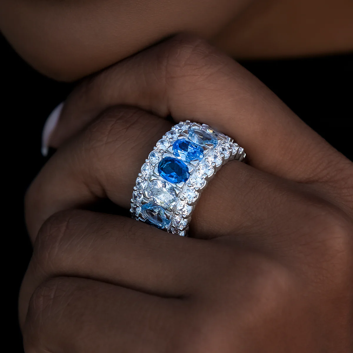 Multicolor Diamond Blue Layered Ring in White Gold Vermeil