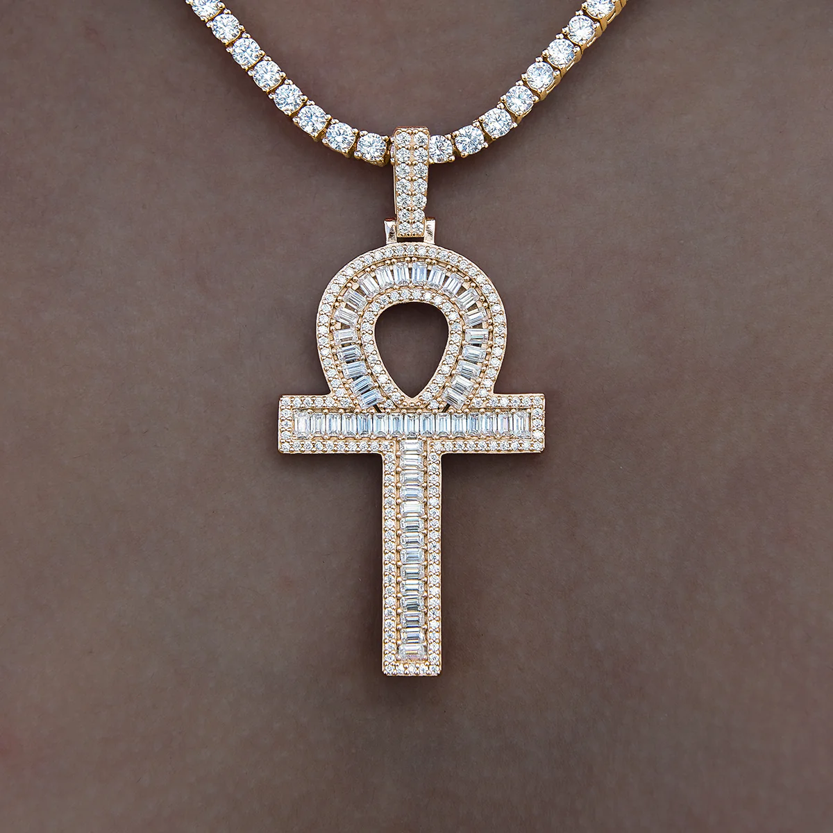 Women's Moissanite Ankh Cross Pendant in Yellow Gold Vermeil