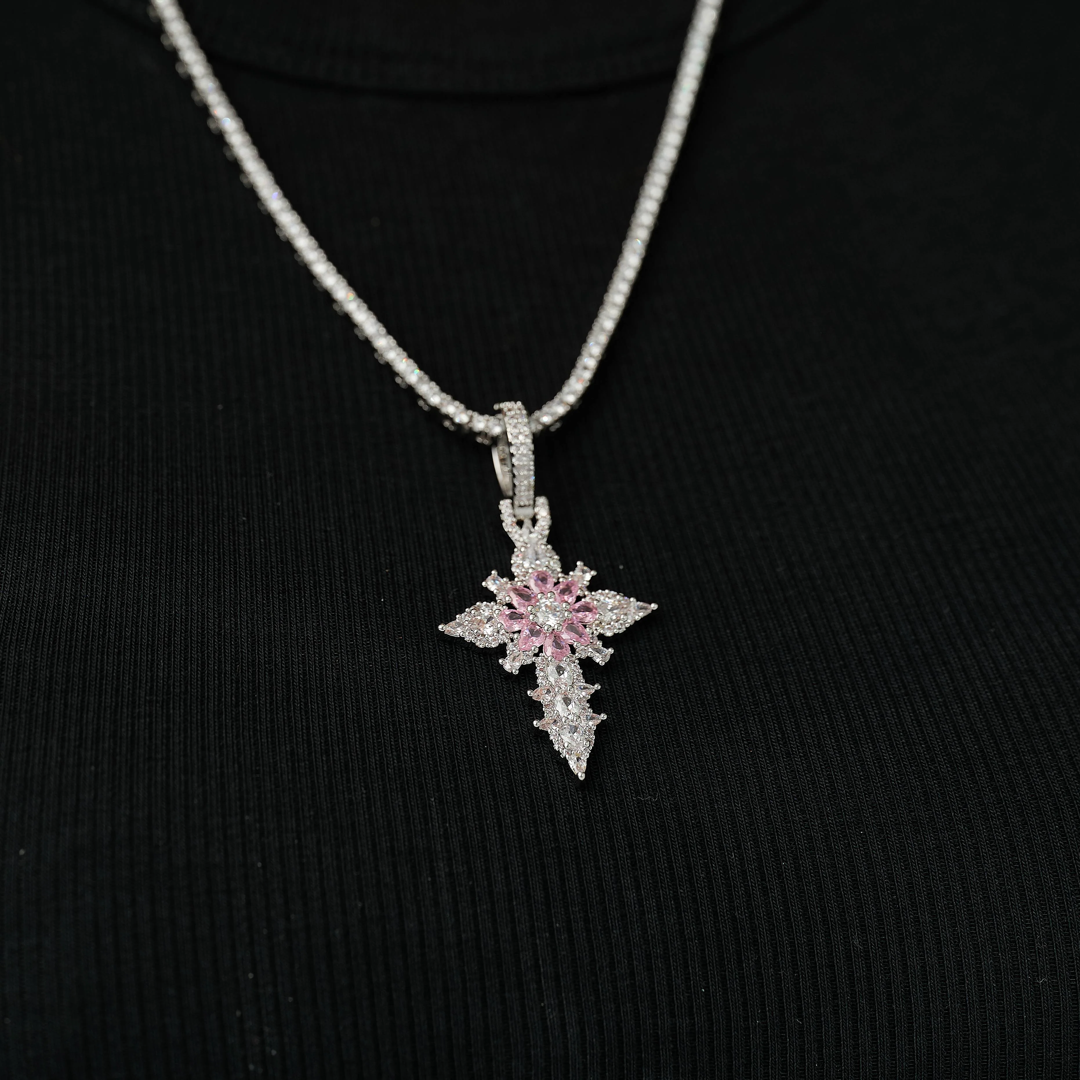 Iced Pink Flower Cross Pendant in White Gold