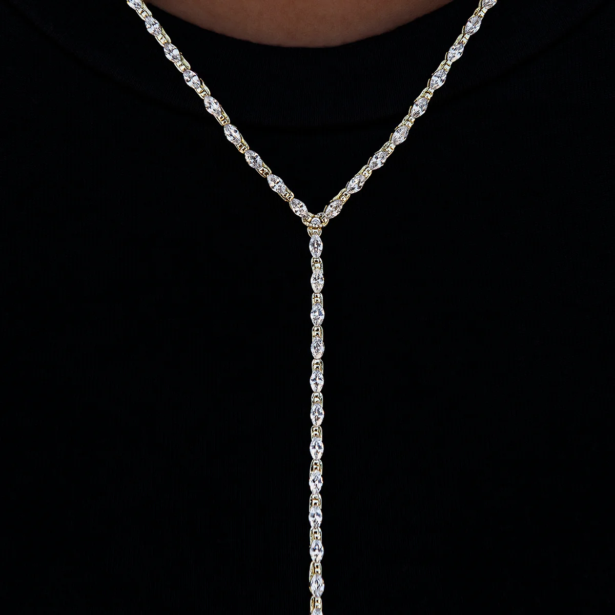 Diamond Marquise Stone Lariat Necklace in Yellow Gold