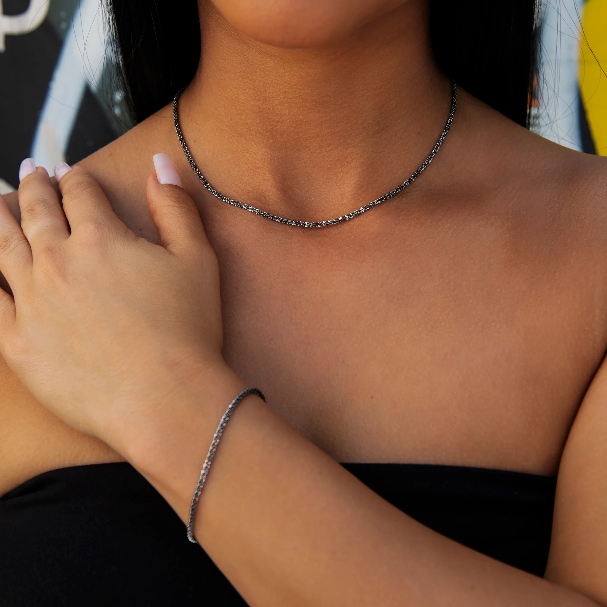 Diamond Cut Popcorn Necklace + Bracelet in Black - 2mm