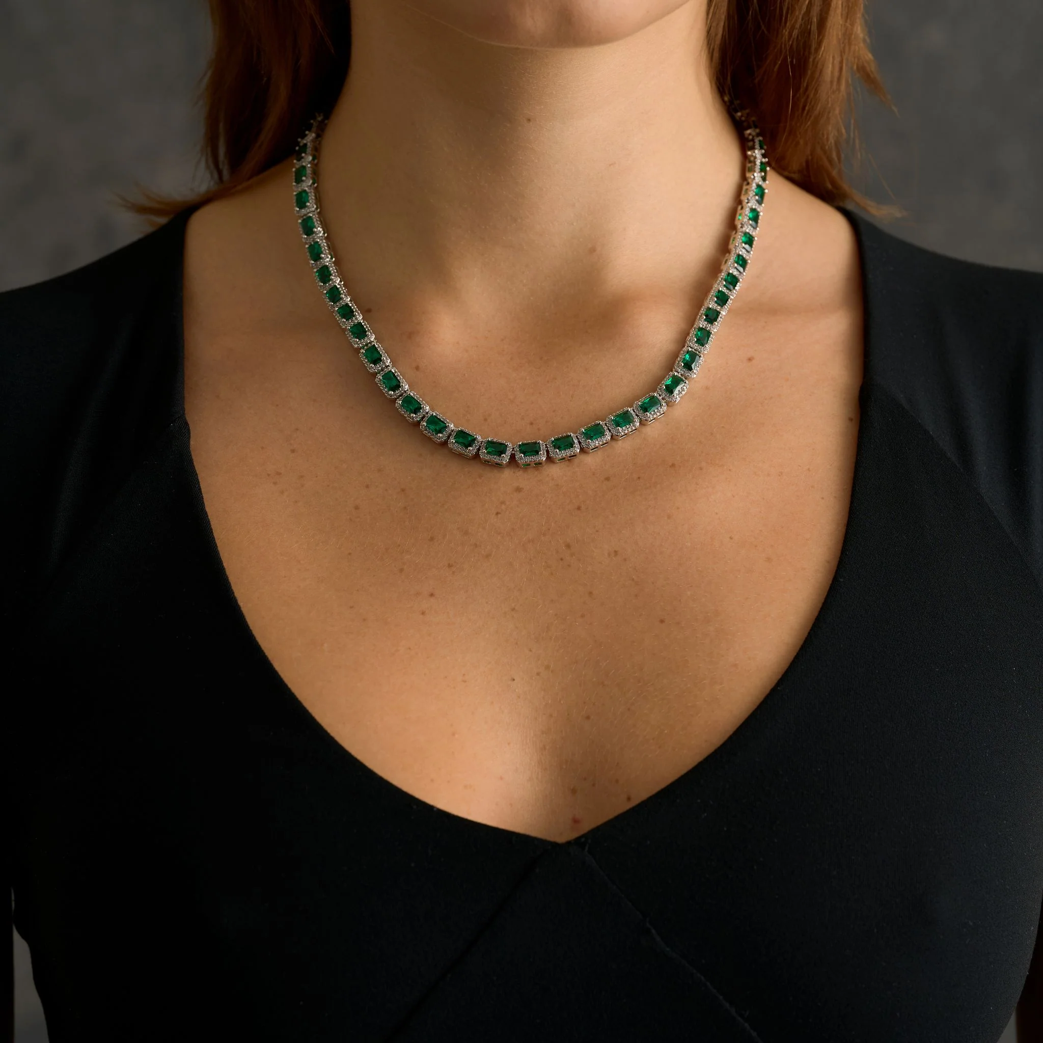 Emerald Cushion Cut Tennis Chain Necklace in White Gold - 7mm