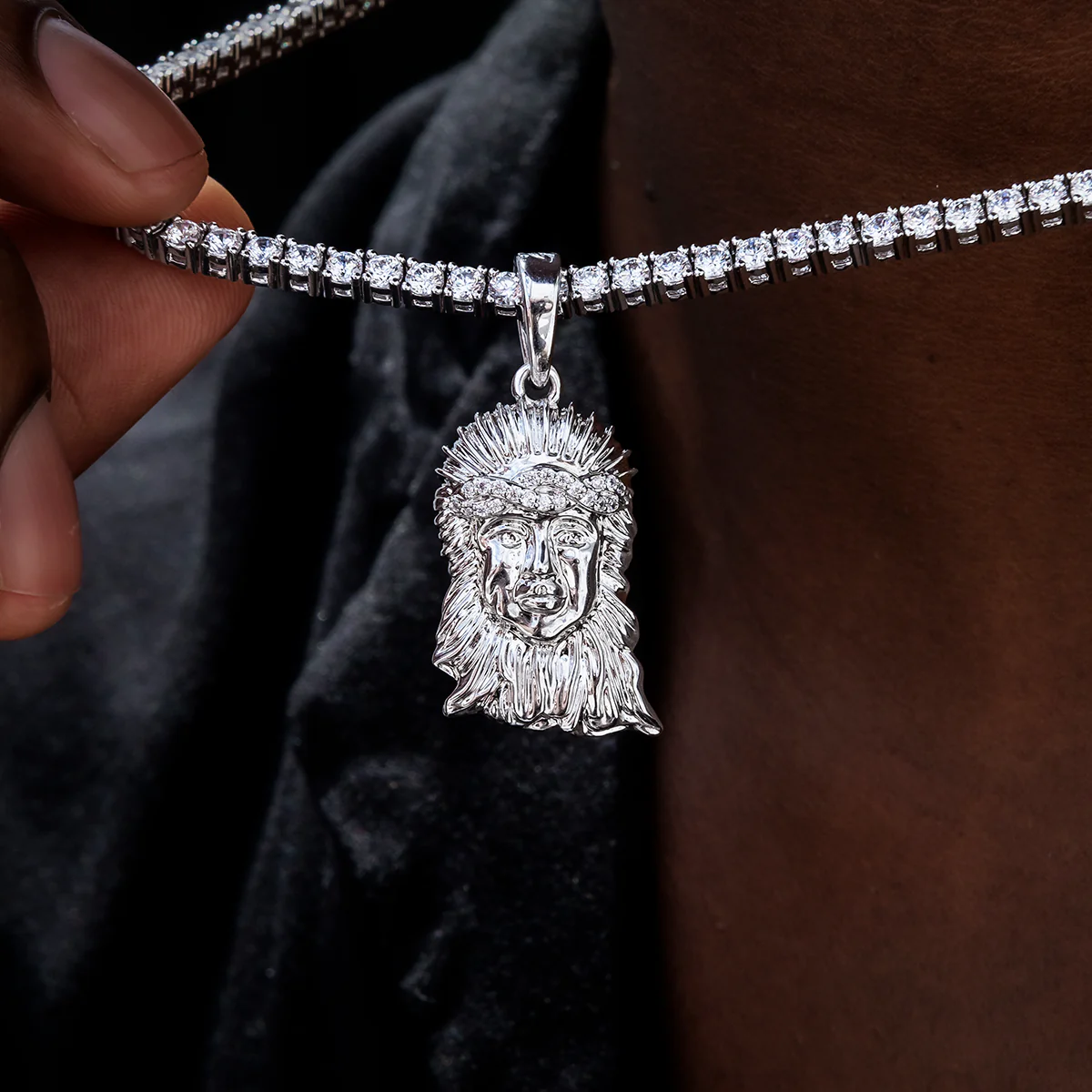 Diamond Crown Portrait of Jesus Pendant in White Gold