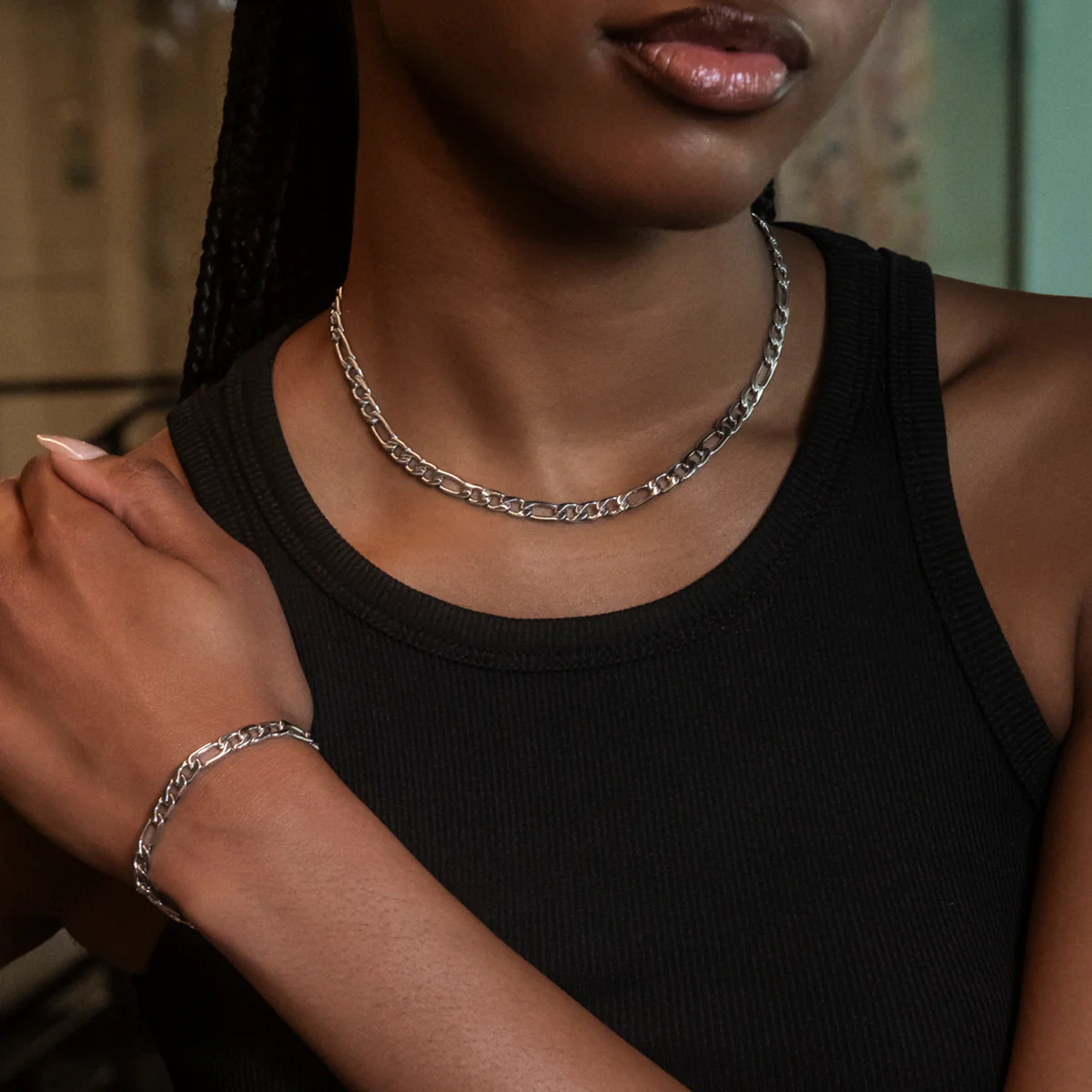 Figaro Necklace + Bracelet Bundle in White Gold- 6mm