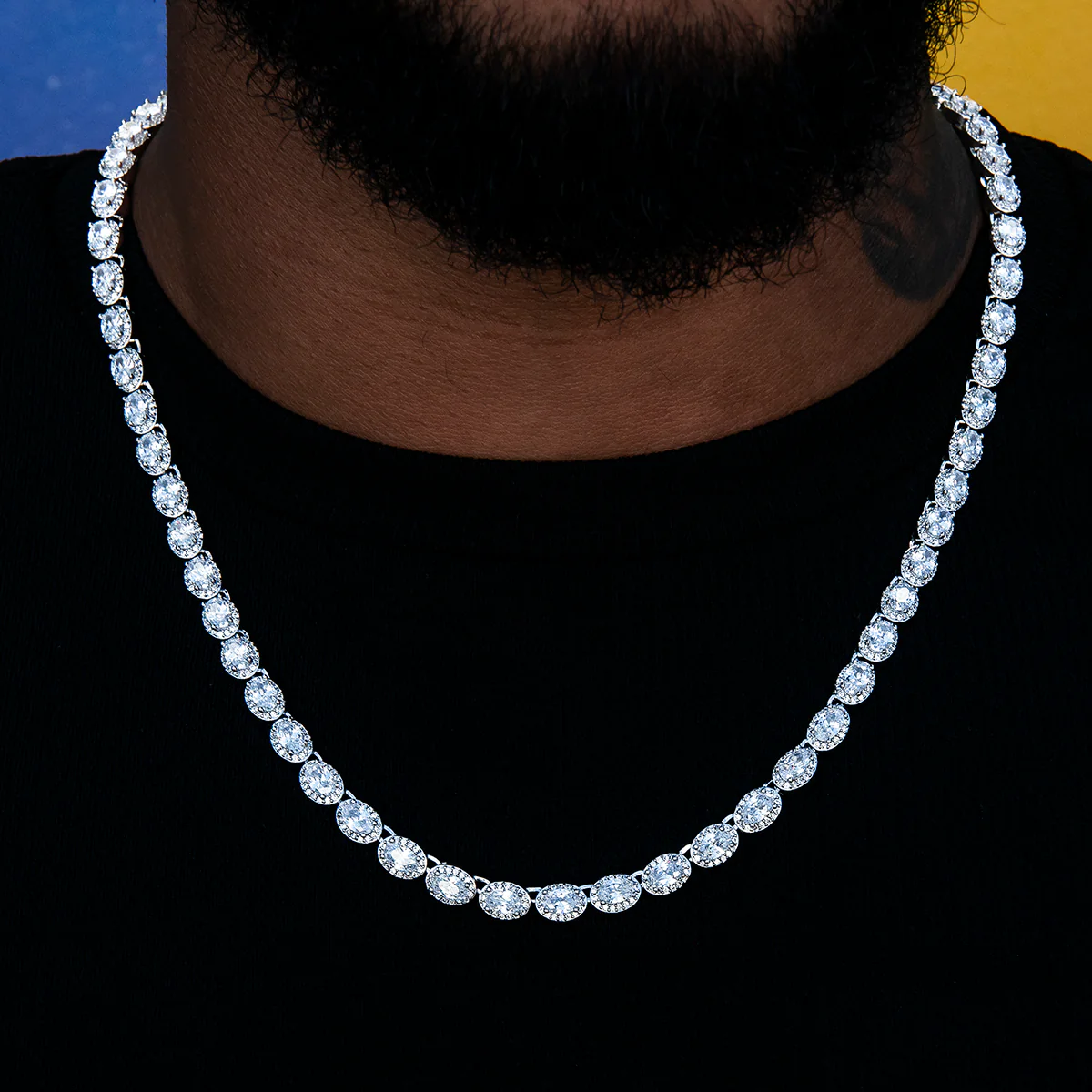 Diamond Oval Clustered Tennis Chain in White Gold- 4mm