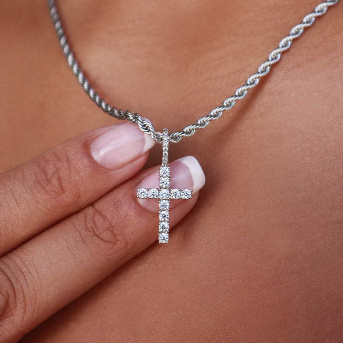 4mm Rope Necklace + Micro Diamond Cross Bundle in White Gold