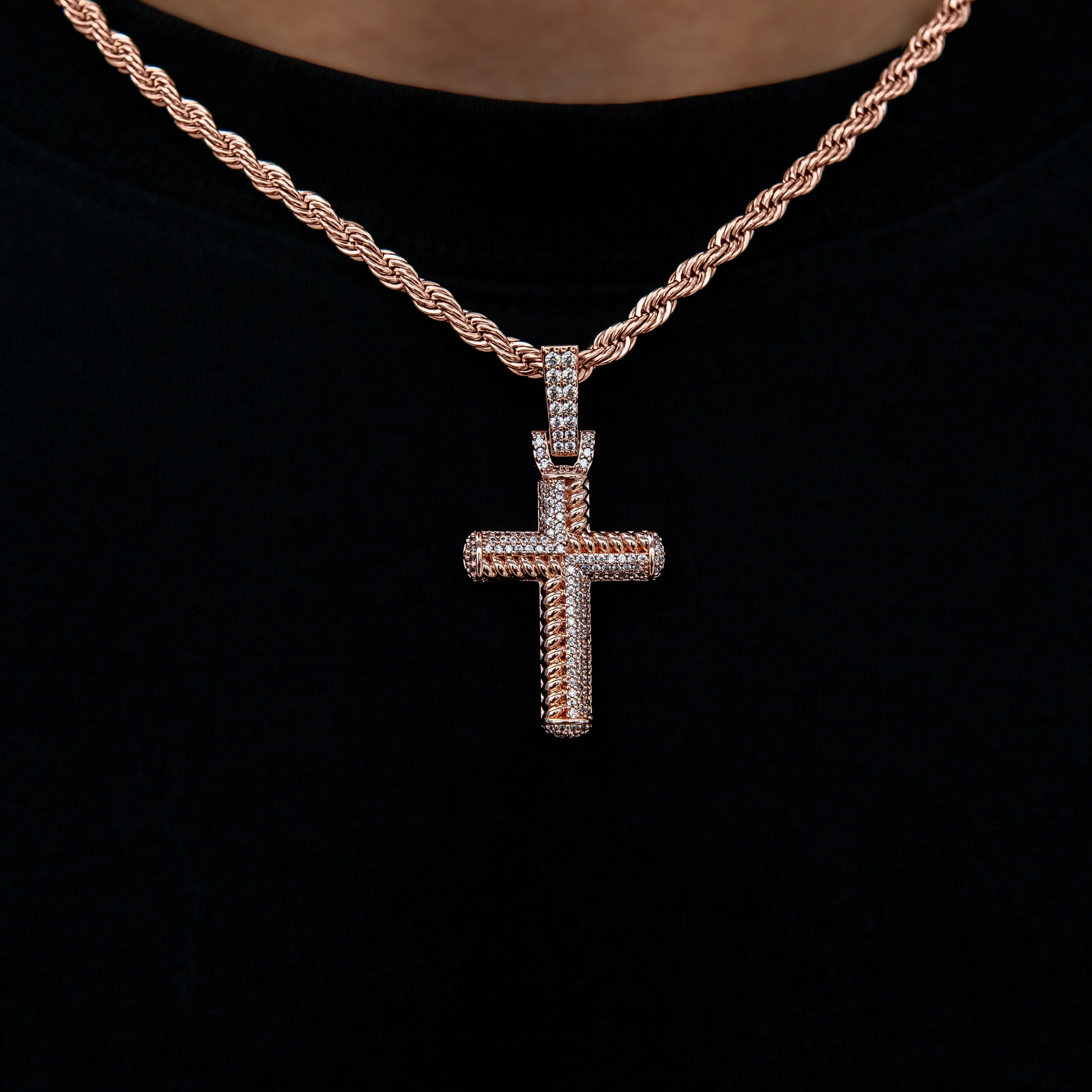 Iced Rope Mix Cross Pendant in Rose Gold