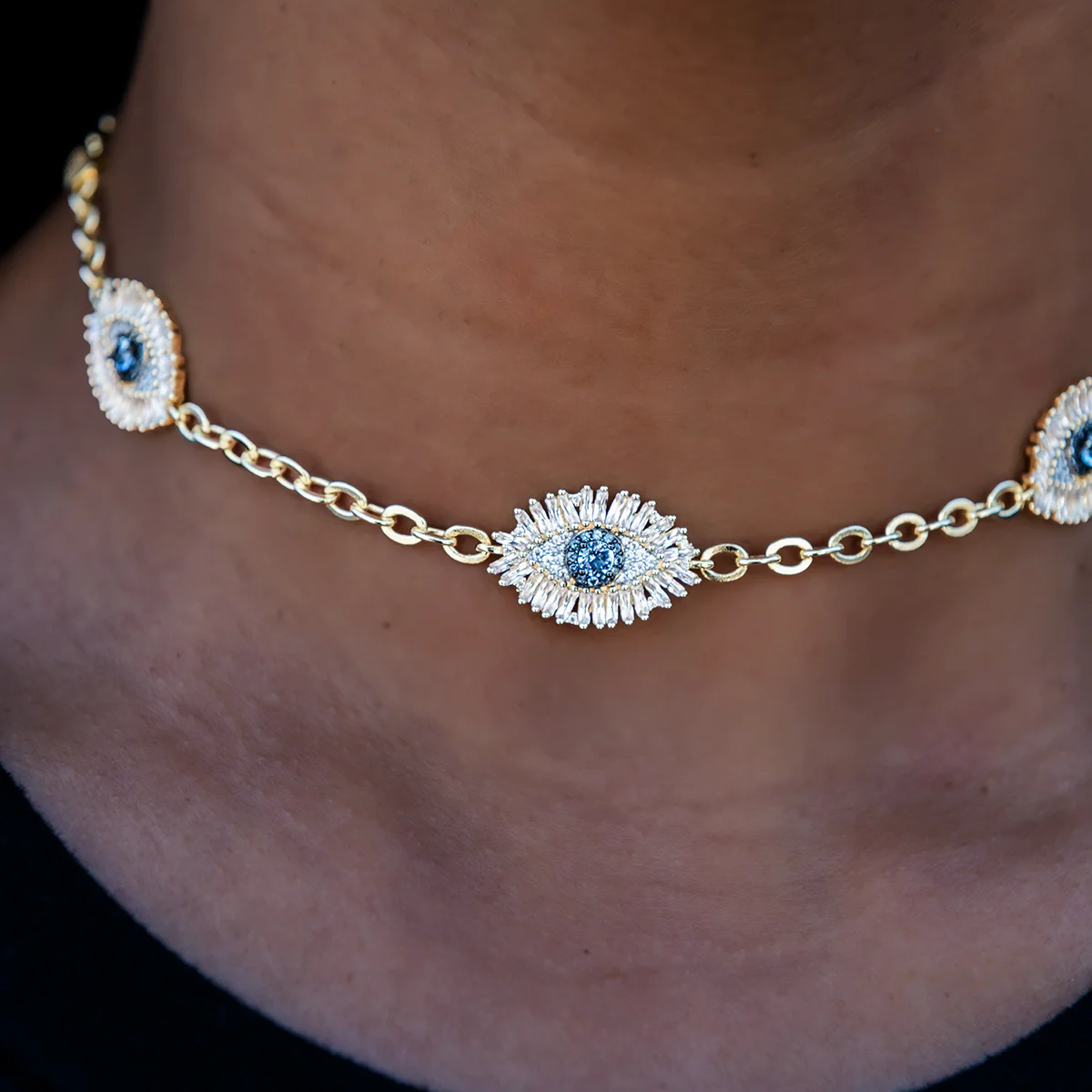 Iced Evil Eye Necklace in Yellow Gold