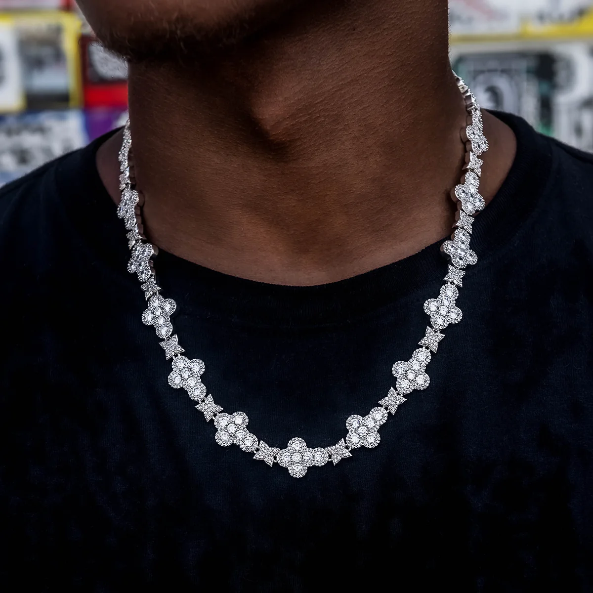 Rounded Cross Pave Star Chain in White Gold