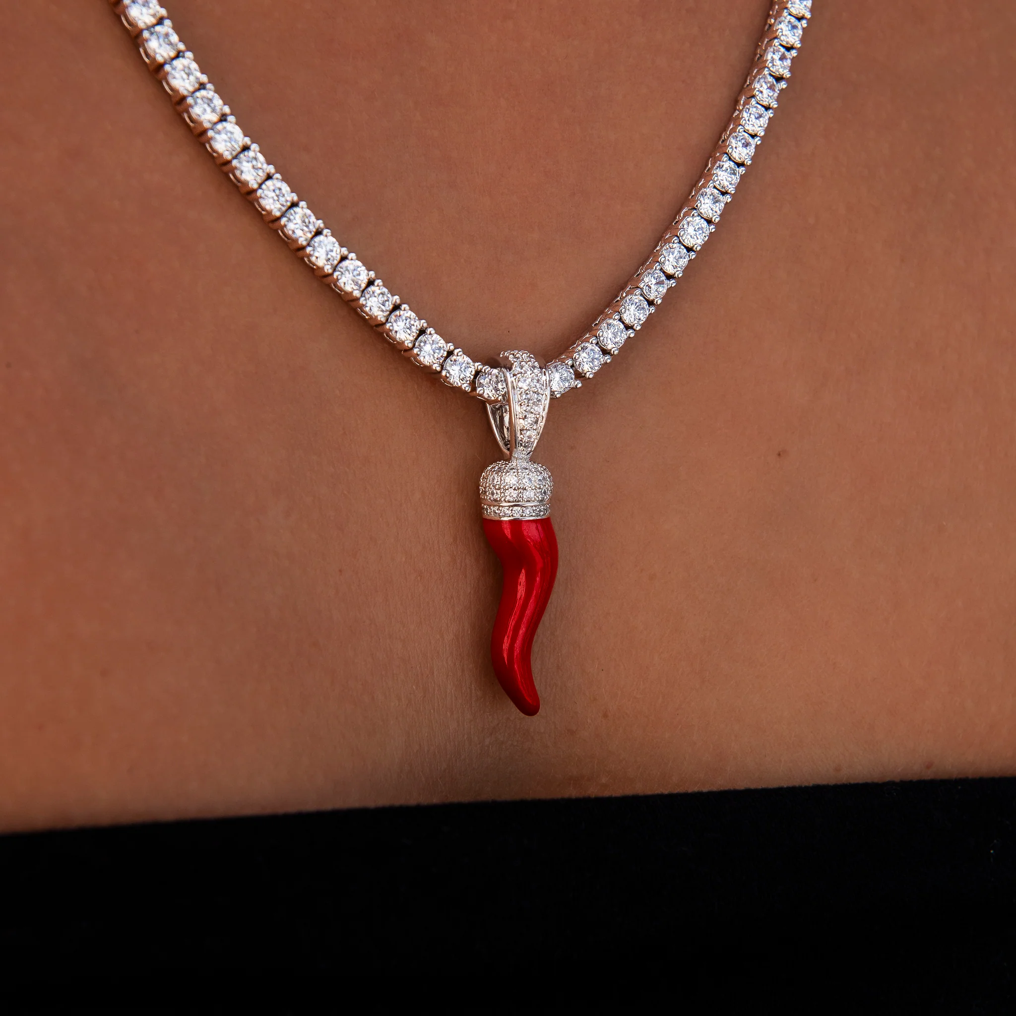 Iced Red Italian Horn Pendant in White Gold