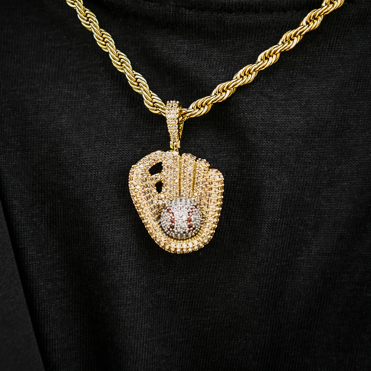 Iced Baseball Pendant in Yellow Gold