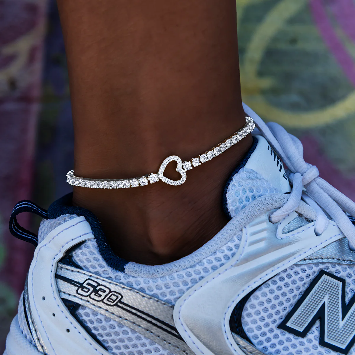 Heart Tennis Anklet in White Gold- 3mm