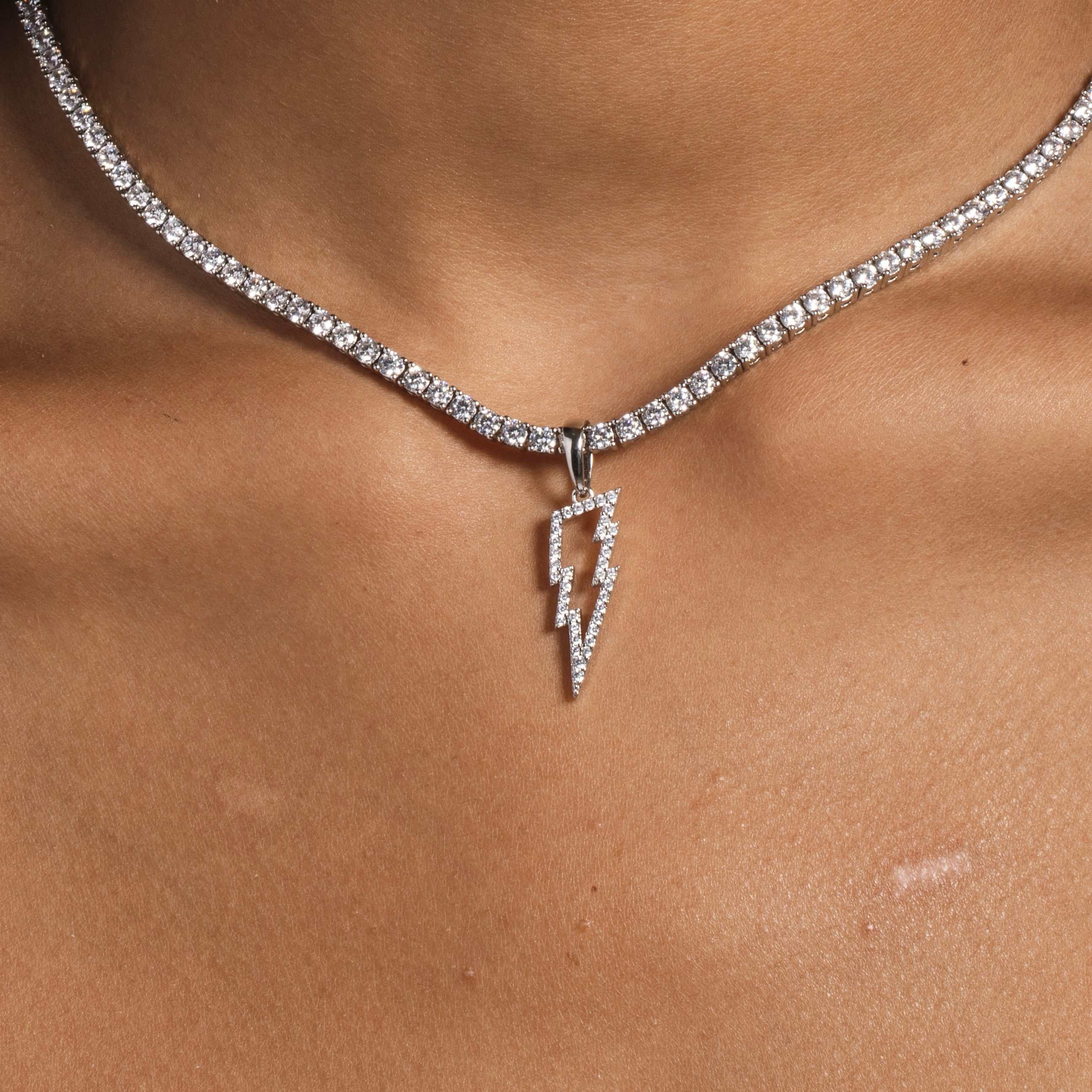 Women's Moissanite Diamond Micro Lightning Bolt Pendant in White Gold Vermeil