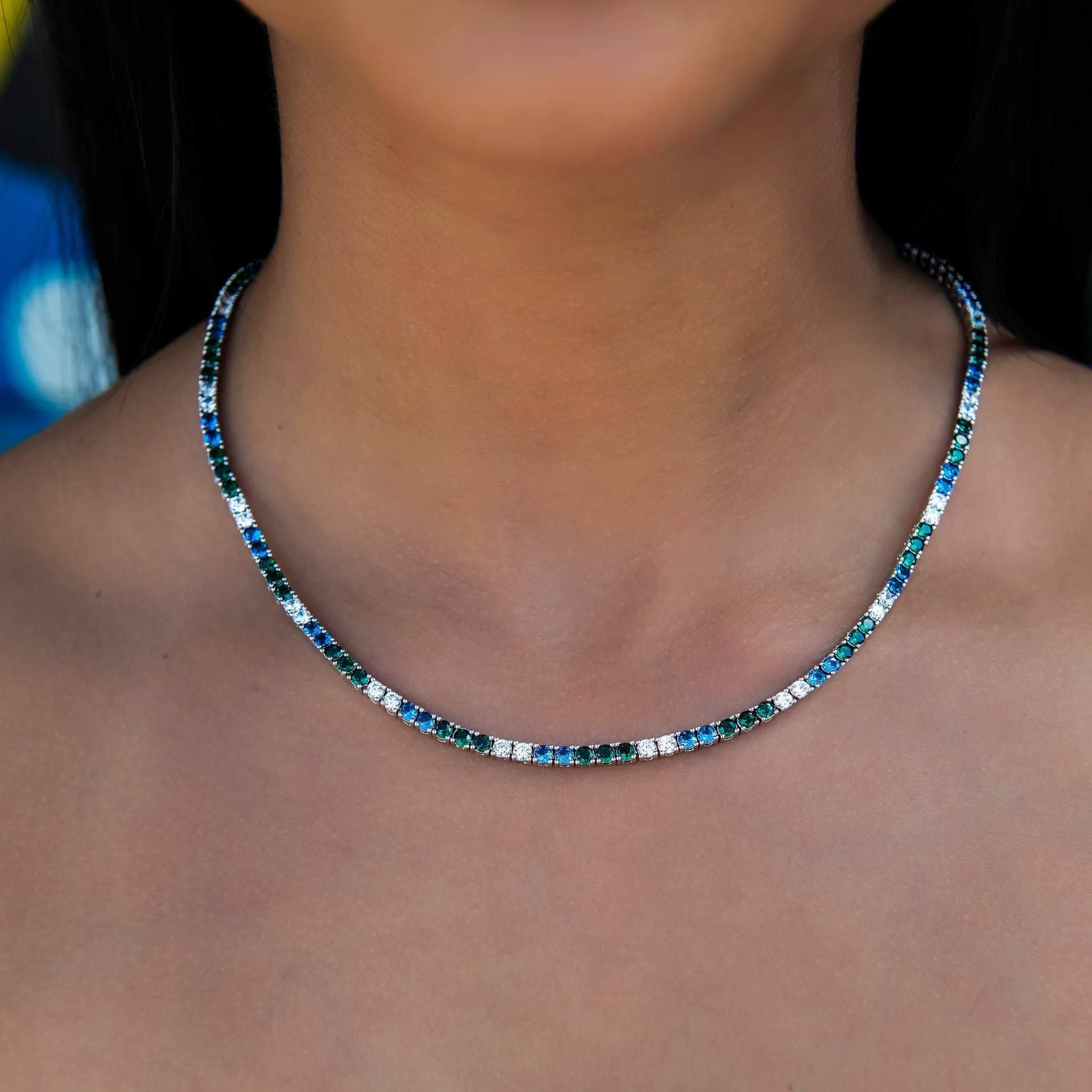 3MM Diamond Tennis Necklace - Green Royal Blue White