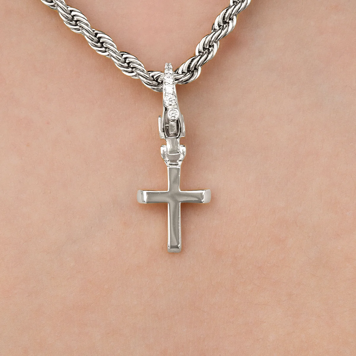 Simple Cross Clip On Charm Pendant in White Gold