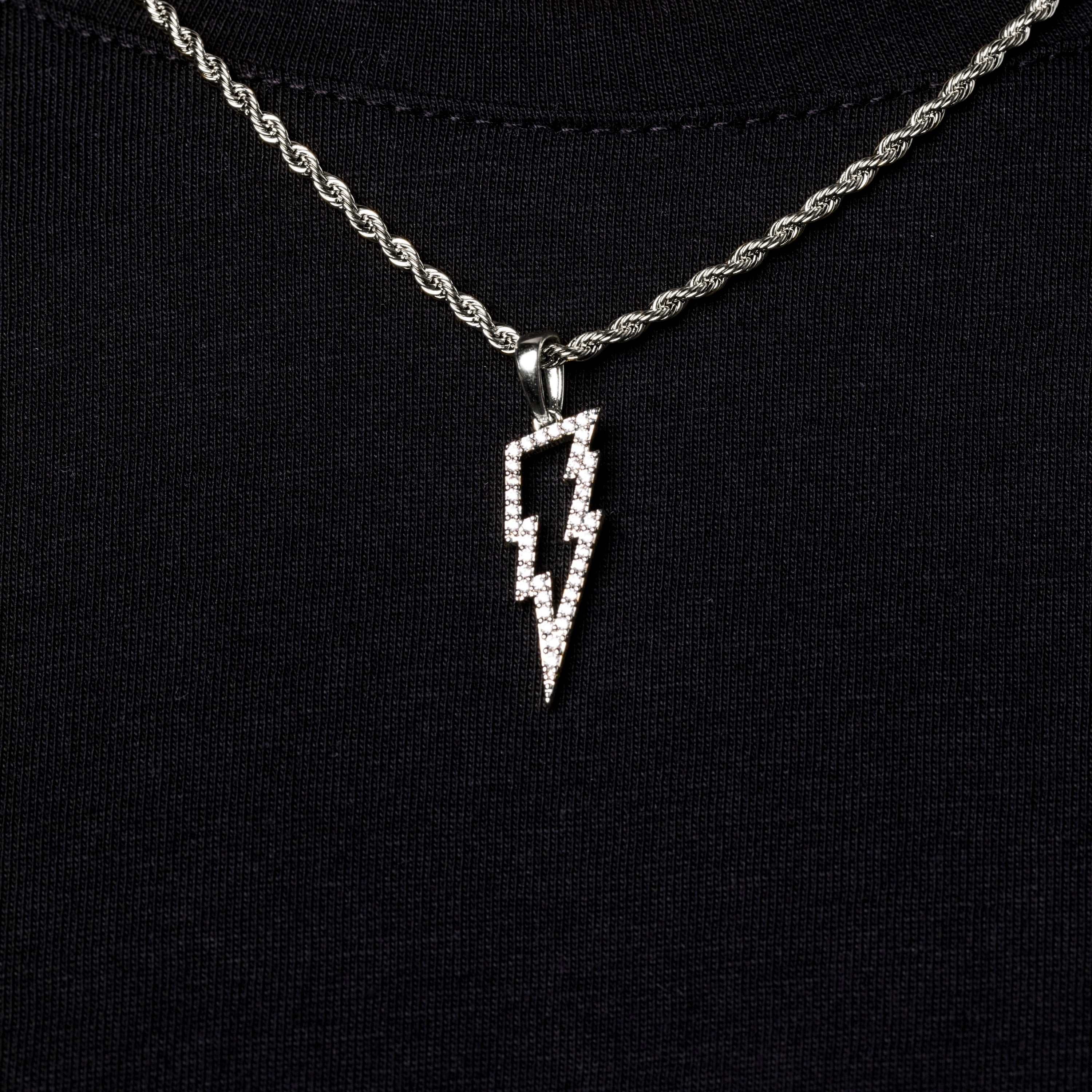 Men's Moissanite Diamond Micro Lightning Bolt Pendant in White Gold Vermeil