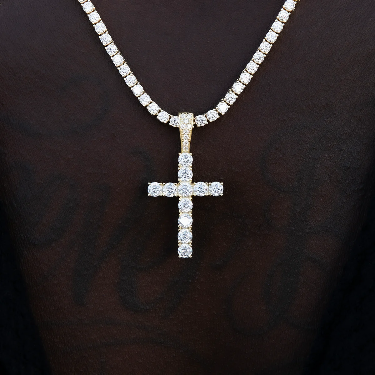 Men's Moissanite Diamond Cross Pendant in Yellow Gold Vermeil