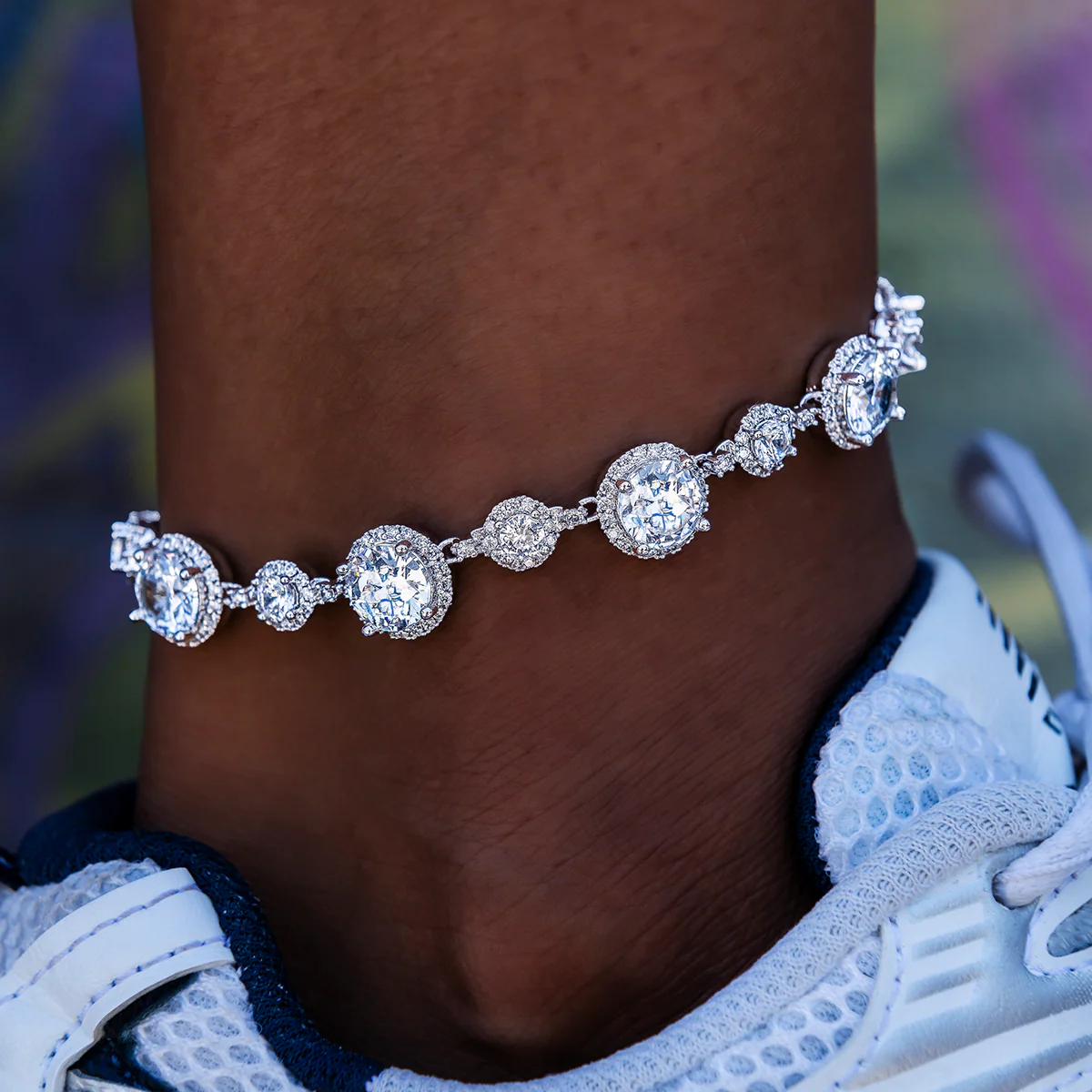 Iced Halo Tennis Anklet in White Gold