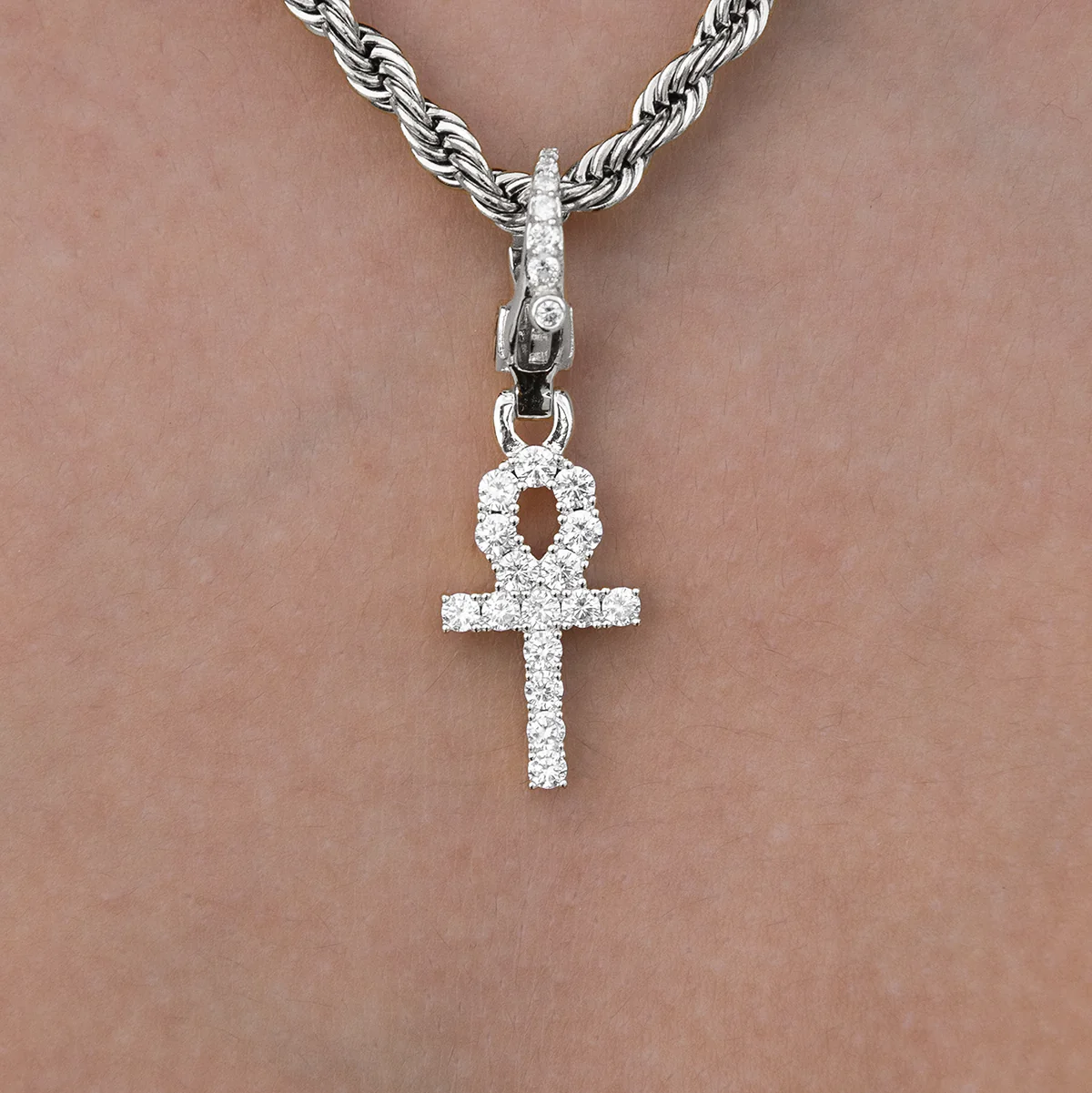 Micro Ankh Cross Clip On Charm  Pendant in White Gold
