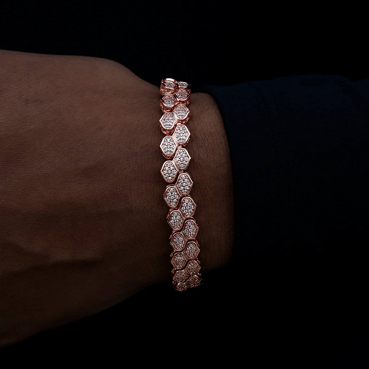 Diamond Pave Flat Snake Link Bracelet in Rose Gold-4mm