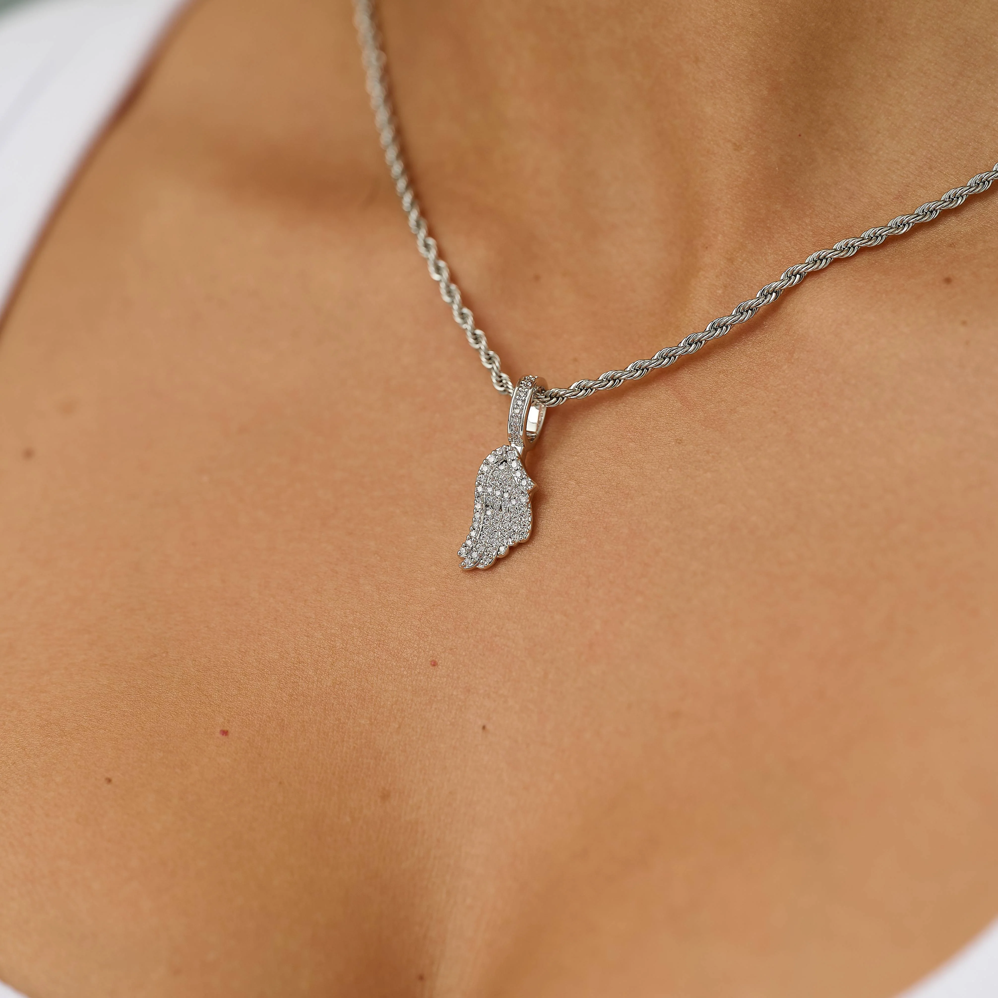 Micro Iced Angel Wing Pendant in White Gold