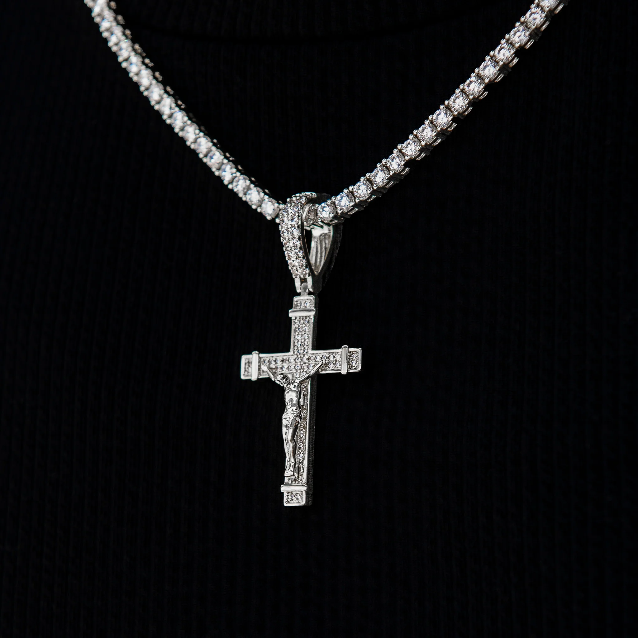 Iced Flat Crucifix Pendant in White Gold