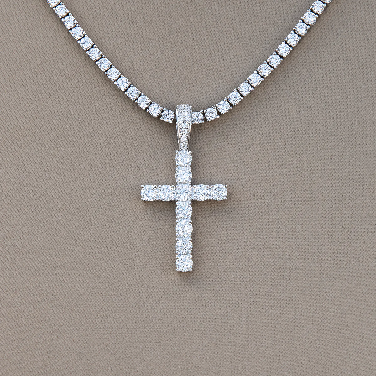Women's Moissanite Diamond Cross Pendant in White Gold Vermeil