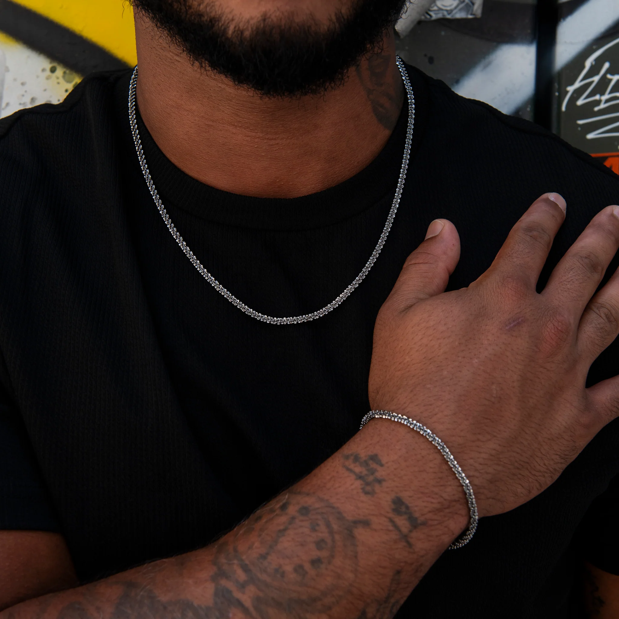 Diamond Cut Popcorn Chain in Black + Bracelet in Black - 4mm