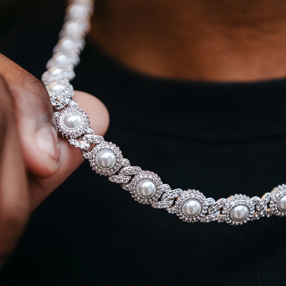 10mm Iced Halo Cuban Chain with Pearls in White Gold