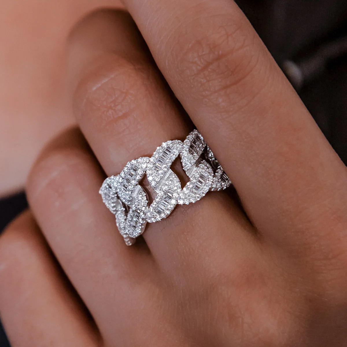 Iced Baguette Cuban Ring in White Gold Vermeil