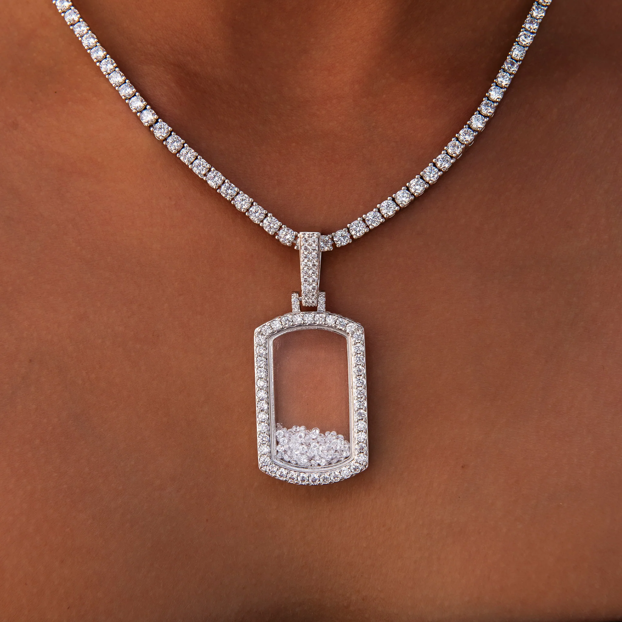 Loose Diamond Dog Tag Pendant in White Gold