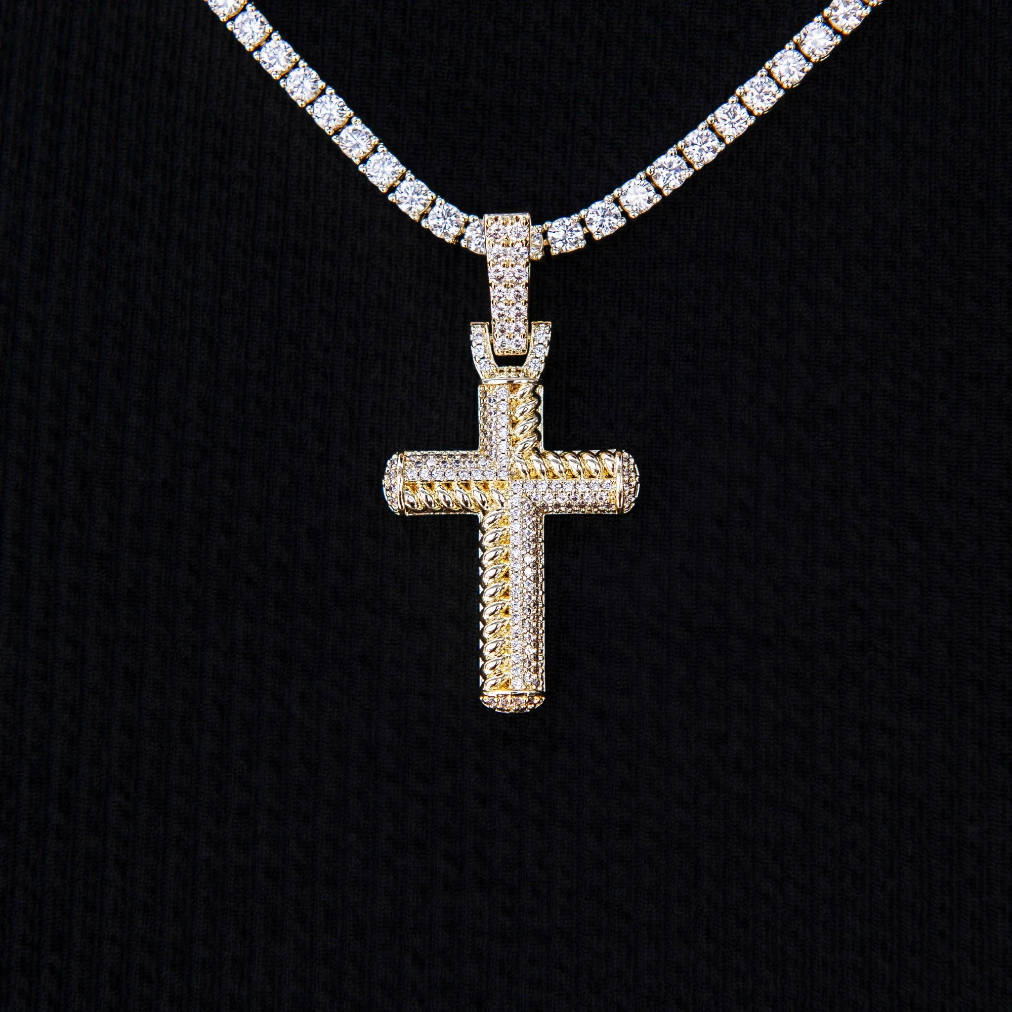 Iced Rope Mix Cross Pendant in Yellow Gold