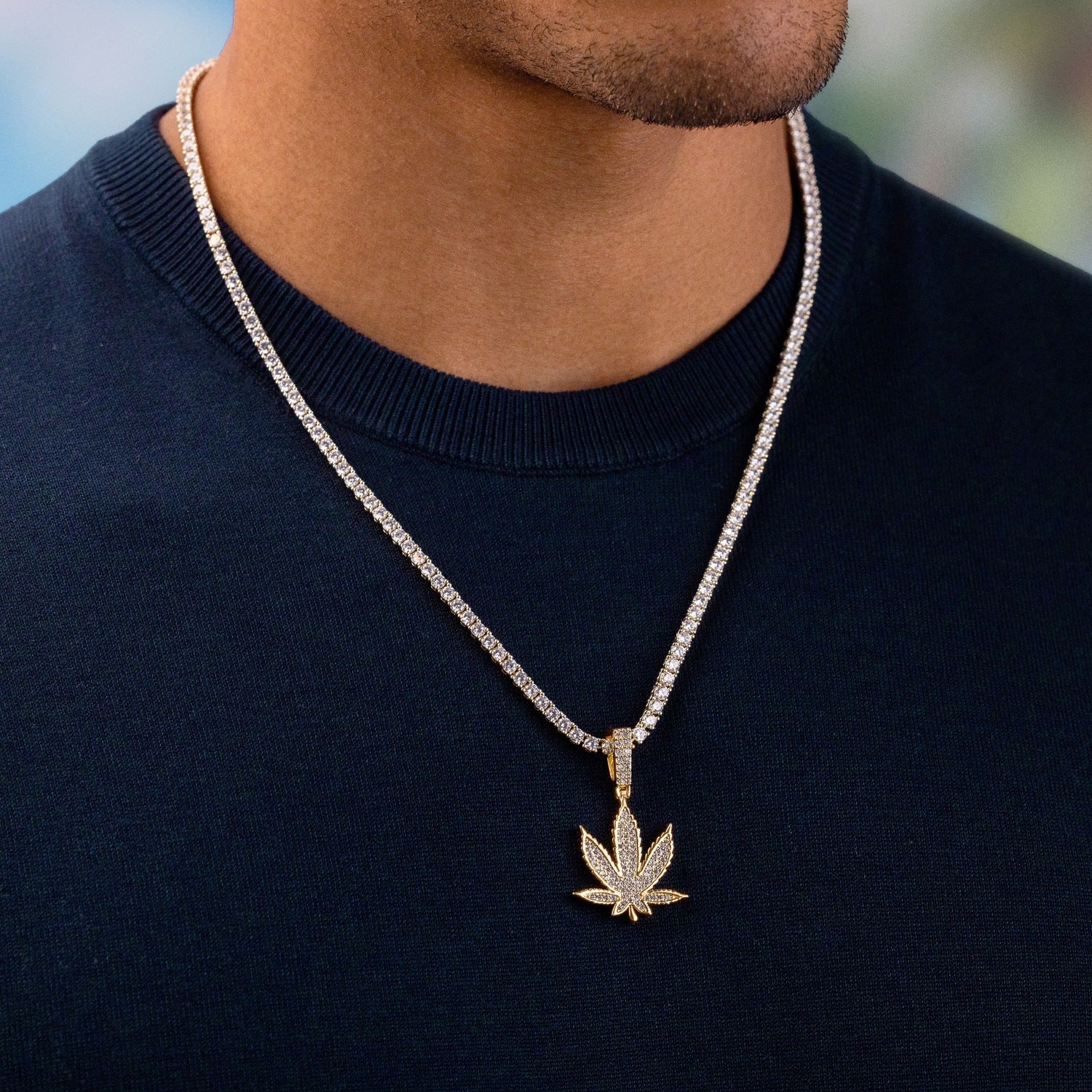 Diamond Weed Leaf Pendant in Yellow Gold