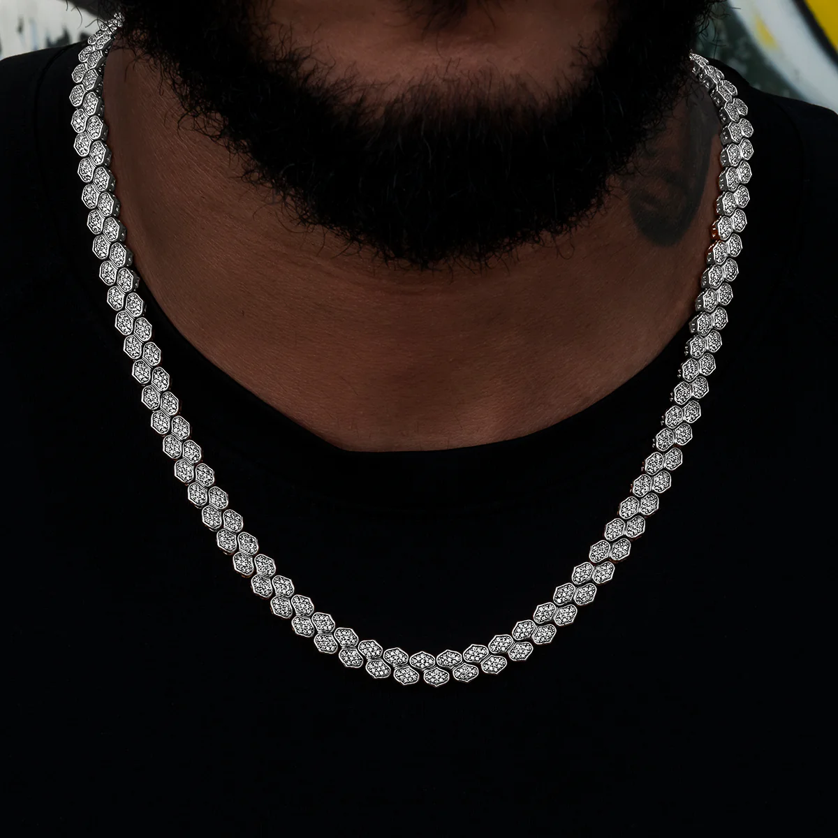 Diamond Pave Flat Snake Link Chain in White Gold-4mm