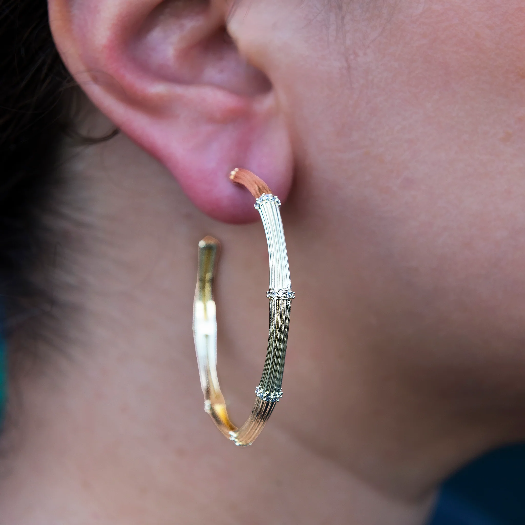 Iced Textured Bamboo Hoop Earrings in Yellow Gold