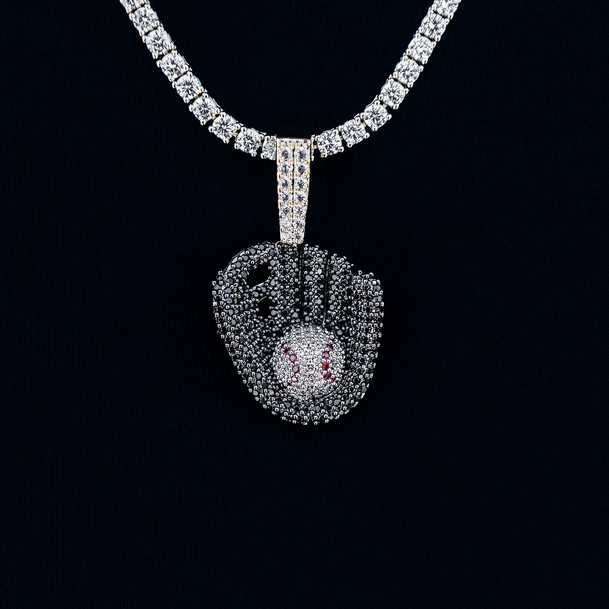 Iced Black Baseball Pendant in Yellow Gold