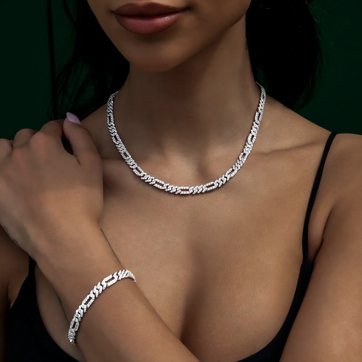 Diamond Figaro Necklace + Bracelet Bundle in White Gold- 6mm