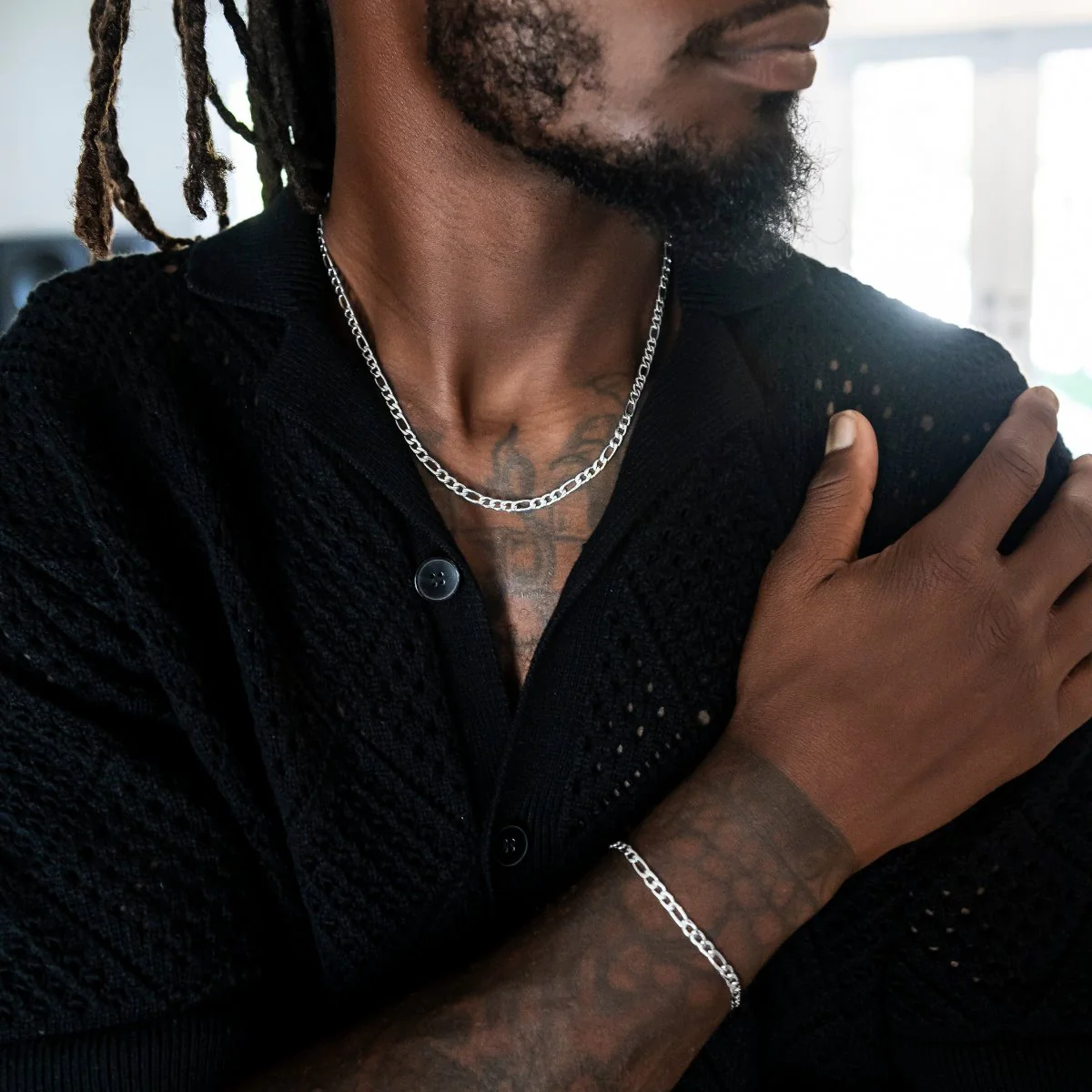 Figaro Link Chain + Bracelet Bundle in White Gold- 4mm