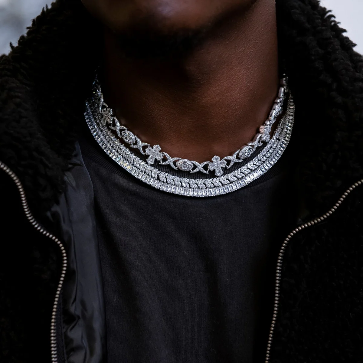 Baguette Evil Eye + Iced Herringbone + Baguette Tennis Chain Bundle