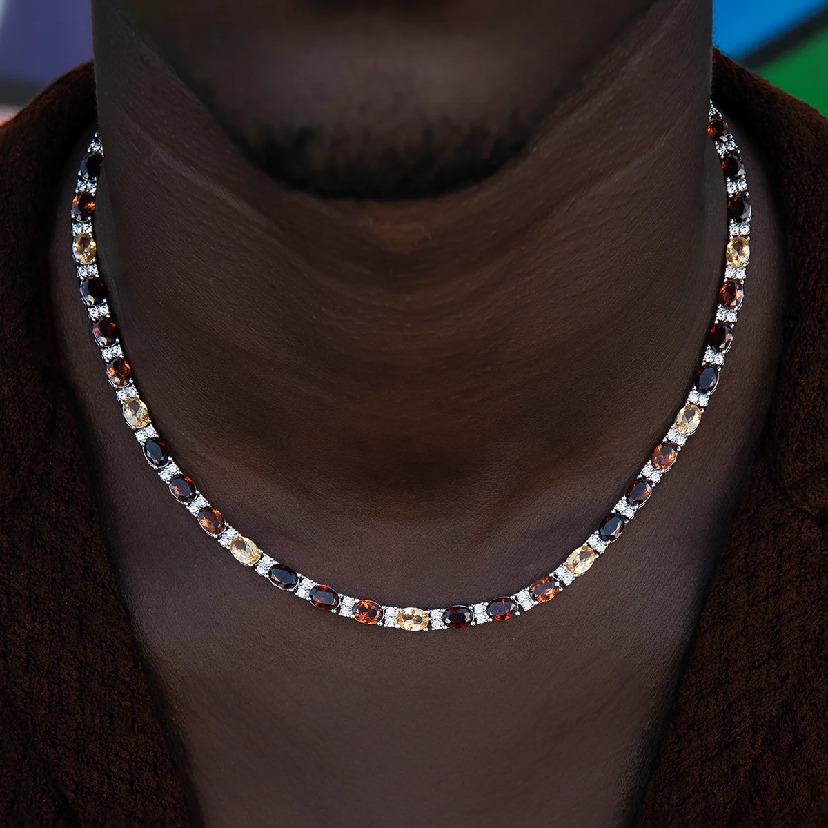 Multicolor Mixed Oval Cut Tennis Tonal Brown Stones Chain + Bracelet Bundle- 5mm