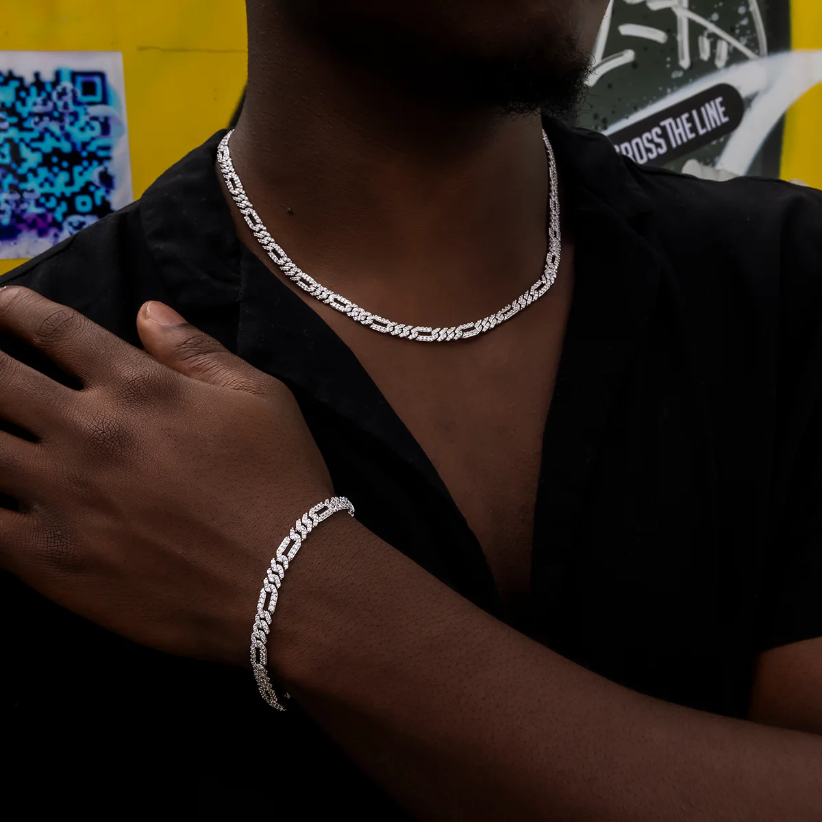 Diamond Figaro Chain + Bracelet Bundle in White Gold- 6mm