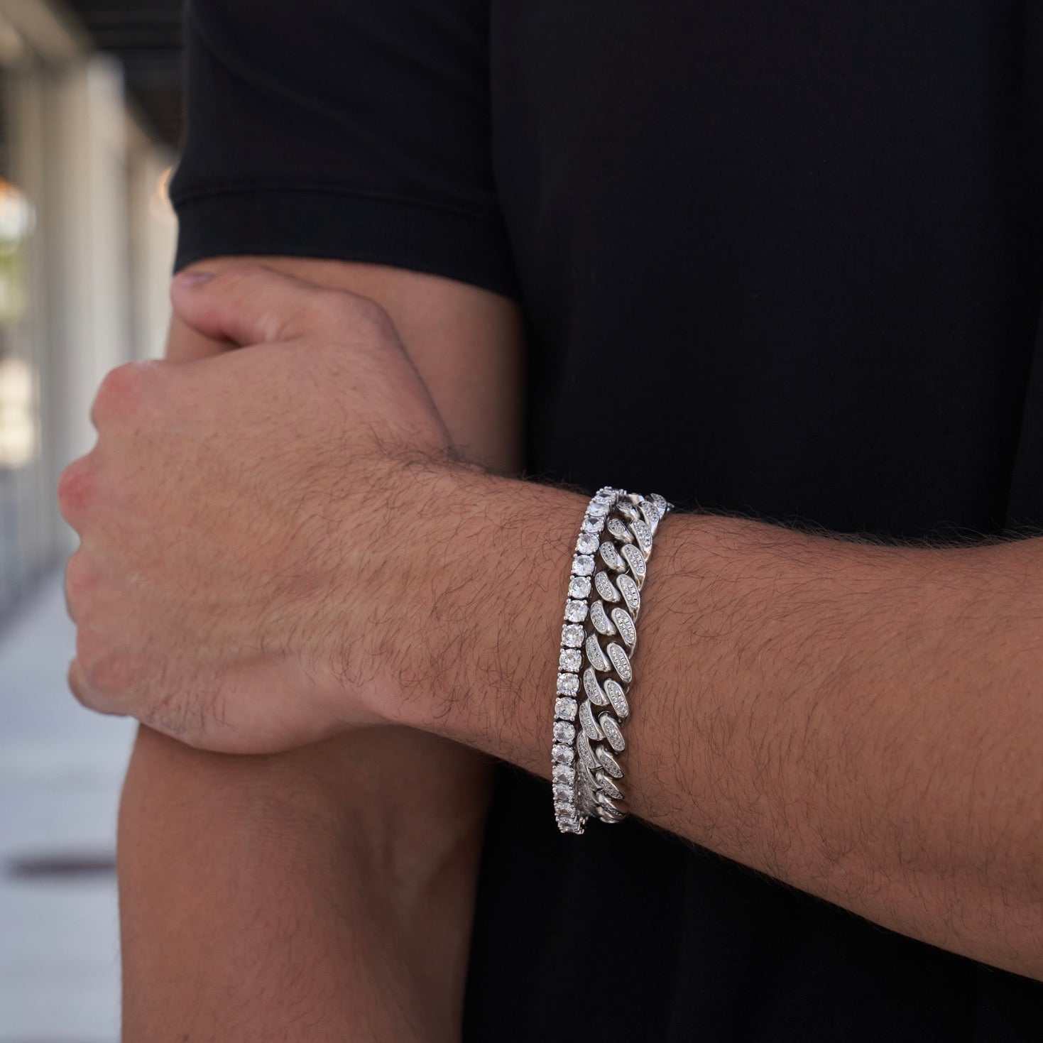 12mm Diamond Cuban + 5mm Tennis Bracelets Bundle - White Gold